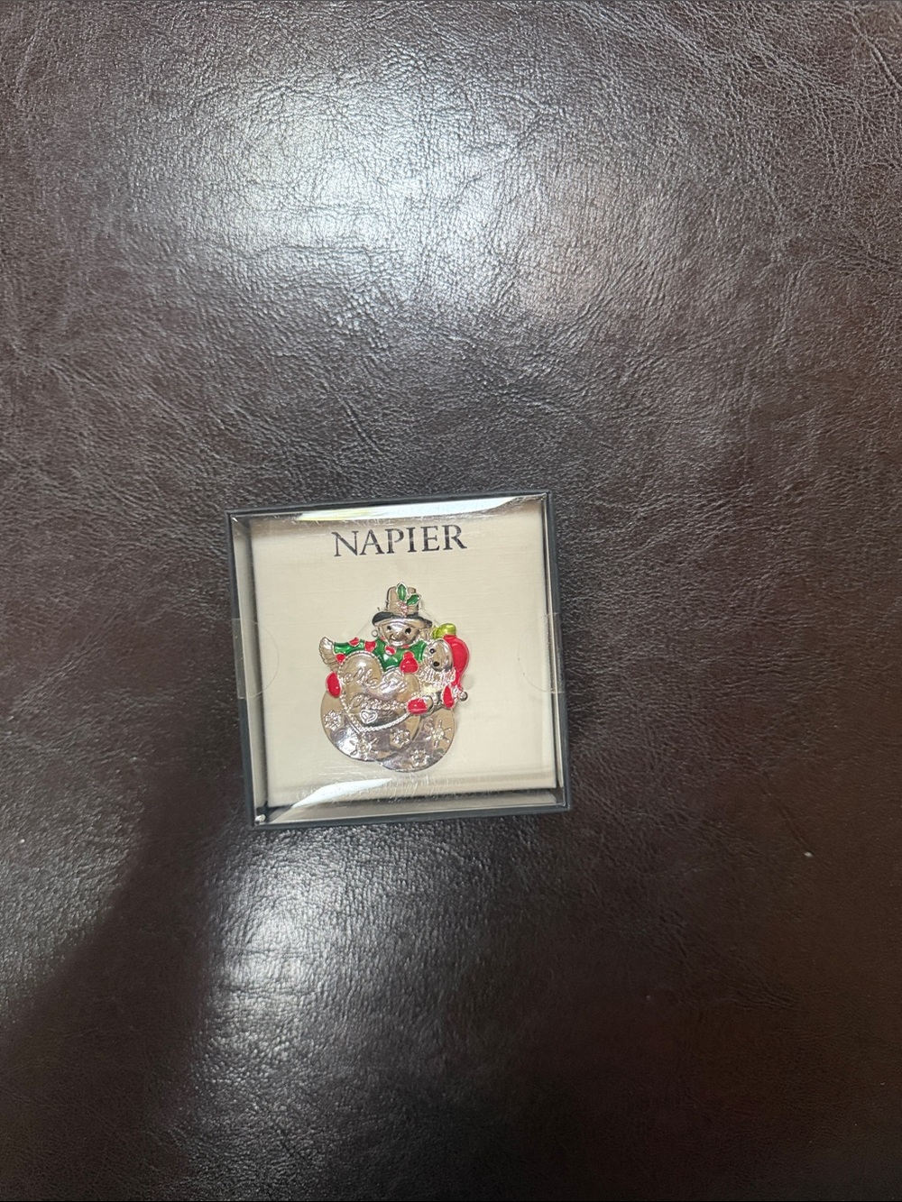 Napier Silver Snowman Pin with Red and Green Accents
